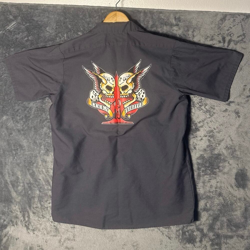 Lucky 13 x Red Kap "Twin Skulls" Mechanic Work Shirt LRG VTG Y2K Rockabilly OOP